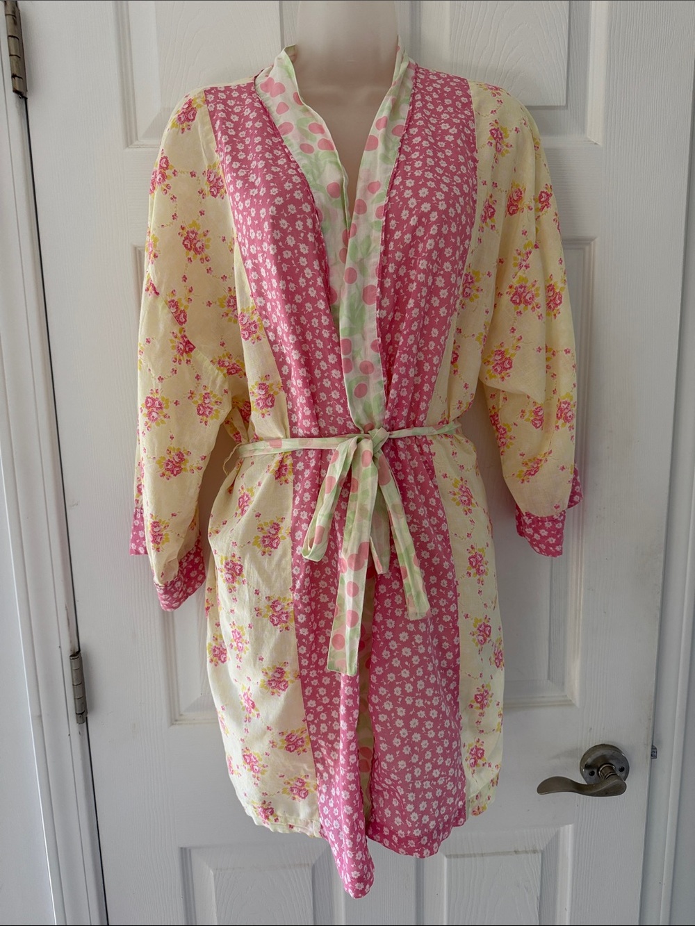 Eloise Pale Yellow, Pink, Green Floral Cotton Belted Short Robe S/M